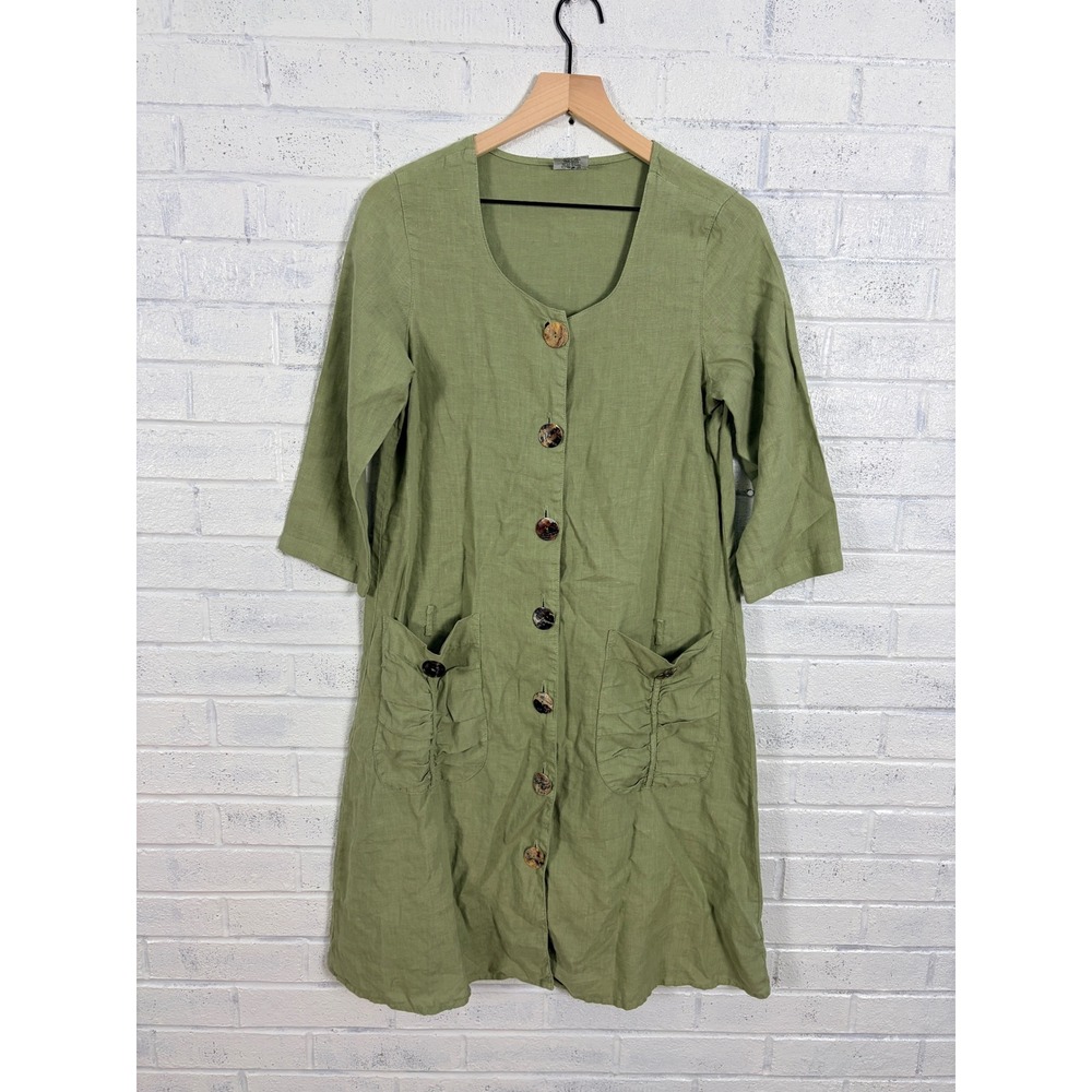 Click by Color Me Linen Dress Womens S Green Button Front Pockets Lagenlook